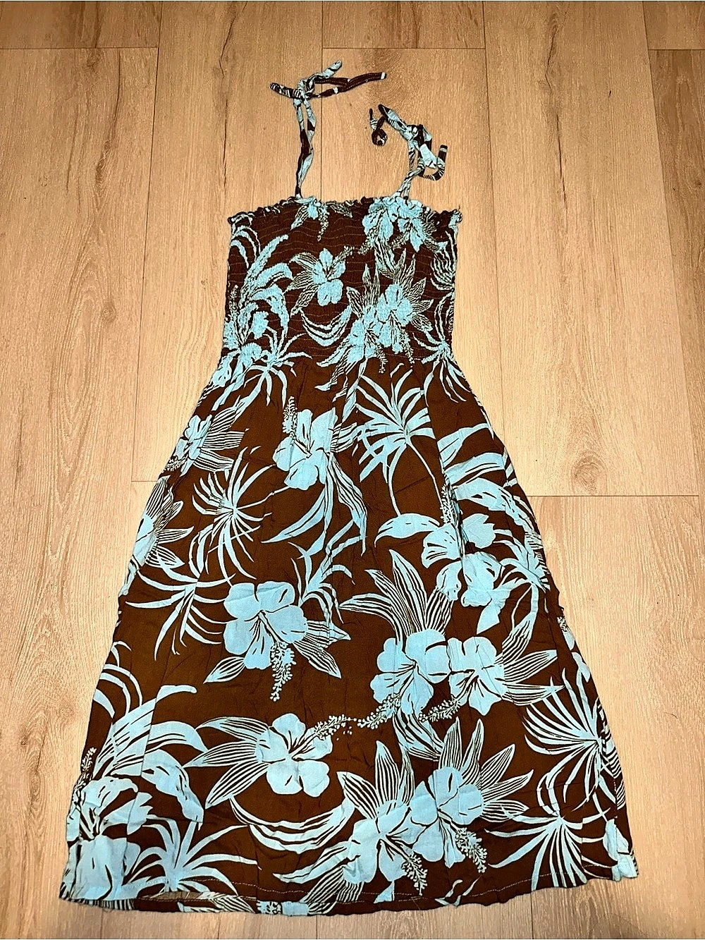 Hibiscus Collection Floral Maxi Dress in Brown & Blue Like New